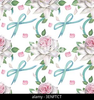 Nahtloses Blumenmuster in Aquarellfarben mit weißen Rosen und grünen Blättern, blauen Schleifen und Bändern. Handgezeichnetes Design ist auf weißem Hintergrund isoliert. Für Stockfoto