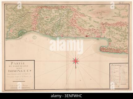 Diese Manuskriptkarte zeichnet den nördlichen Teil von Saint-Domingue vom durchbohrten Punkt des Acul du Petit Goave bis zum Fluss cUL de SAC auf. Beausire de La Grange bereitete die Küstenvermessung 1670 vor und zeichnete die Küstenlinien und die umliegende Küstengeographie. Stockfoto