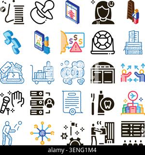 Verschiedene flache, kritzelnde und isometrische Symbole für Logistik, Kommunikation, Planung, Strategie, Lebensstil, und globale Themen für ui, Infografiken Stock Vektor