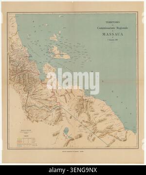 Die Karte von 1910 zeigt die territorialen Grenzen der Massawa-Kolonie und zeigt Verwaltungsgrenzen und regionale Besonderheiten in Ostafrika im Maßstab 1:400.000, wobei gravierte Kartierungsmethoden verwendet werden. Stockfoto