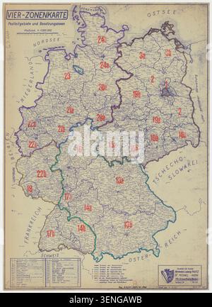 Ludwig Hermann Fautz erstellt 1948 eine lithographische Karte, die die vier Besatzungszonen in Deutschland identifiziert und die nach dem Zweiten Weltkrieg unter alliierter Militärverwaltung errichteten territorialen Divisionen dokumentiert. Stockfoto
