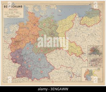 Der Reise-und-Verkehrsverlag veröffentlicht 1948 eine Karte, die die deutschen Besatzungs- und Postgebiete zeigt und Berlin und das Ruhrgebiet mit Grenzen und Verwaltungseinheiten in gravierter Kartenform beschreibt. Stockfoto