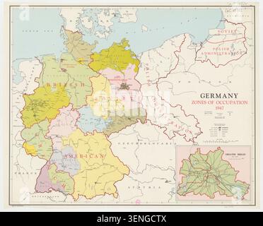 Das Außenministerium der Vereinigten Staaten veröffentlicht 1947 eine Karte Deutschlands, die Besatzungszonen erfasst, die unter alliierter Militärverwaltung errichtet wurden, und die territorialen Teilungen Deutschlands der Nachkriegszeit markiert. Stockfoto