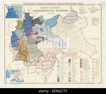 Die Karte des US-Außenministeriums erfasst Besatzungszonen in Deutschland und Österreich im März 1946, wobei Gebiete unter alliierter Militärverwaltung und das Ruhrgebiet identifiziert werden. Stockfoto