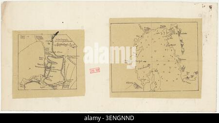Eine Manuskriptkarte kombiniert eine Darstellung der Schlacht von Issus bei Alexandretta mit einem Grundriss des Bodens des Golfs von Alexandretta. Sondierungen und hydrographische Informationen begleiten den geografischen und historischen Inhalt. Stockfoto