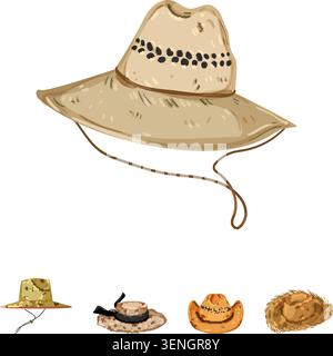 Sammlung von natürlichen Strohhüten, darunter ein Sonnenhut mit breiter Krempe, Bootsmütze, Cowboyhut und andere rustikale Kopfbedeckungen, die Outdoor-Aktivitäten und symbolisieren Stock Vektor