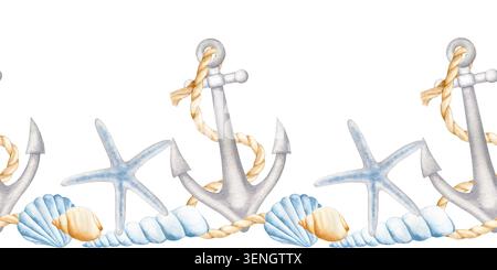 Nahtlose Aquarellgrenze mit nautischen Ankern, Seesternen und Muscheln auf weißem Hintergrund. Handgezeichneter dekorativer Streifen für Strandpartys Stockfoto