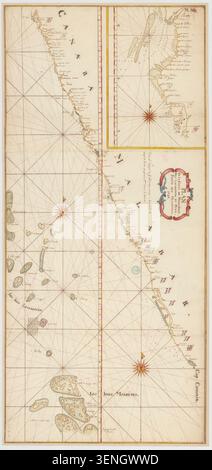 Eine Manuskriptkarte aus dem Jahr 1743 dokumentiert die Malabar-Küste, die Laccadive-Inseln, ein Teil der Malediven, und Häfen wie Surat, Bombay, Vengurla, Mahe, Goa, Canara Kingdom, Cochin und Mangalore mit geographischen und maritimen Merkmalen. Stockfoto