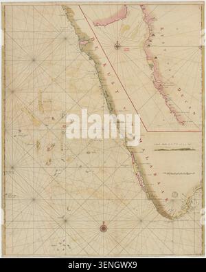 Eine gravierte Karte von Jan Van Jagen aus dem Jahr 1756 dokumentiert die Küste Malabars und die Küste von Decan einschließlich der Häfen Surat, Bombay, Mangalore, Dabhol, Vengurla, Mahe, Goa, Cochin, Tuticorin und Inseln wie die Laccadiven und Malediven, die Triangulation und Meeresuntersuchungen nutzen. Stockfoto