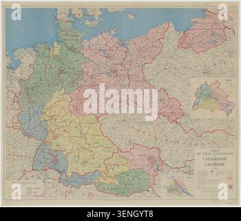 Karte des Instituts géographique national aus dem Jahr 1945 zeigt die Besatzungszonen Deutschlands und Österreichs nach dem Zweiten Weltkrieg, einschließlich der territorialen Divisionen um Berlin und Wien unter alliierter Militärverwaltung. Stockfoto