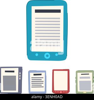Gruppe tragbarer digitaler Lesegeräte, die Inhalte darstellen, die moderne Bildung, Technologie und zugängliche Informationen auf elektronischem Boden symbolisieren Stock Vektor