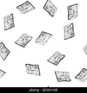 Nahtloses Muster Retro alte Zeitung handgezeichnet. Drucken Sie antike, periodische Überschriften, Reportage Chronik Retro alte Zeitung schwarze Sketch Illustration Stock Vektor