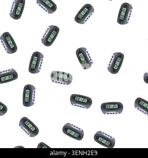 Zeichentrick für Mini-Reisewecker. Akku laut, Schlummertimer, LED-Anzeige für Mini-Reise-Wecker. Nahtlose Symbolvektorillustration Stock Vektor