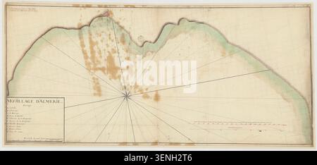 Jean-Joseph Verguin verzeichnete 1741 den Ankerplatz von Almeria und erstellte diese Handschriftenkarte zusammen mit M. de Chabert. Die Karte erfasst Buchten, Küstenmerkmale und Unterwasserinformationen rund um Almeria, Roquetas de Mar und Gata Cabo de. Stockfoto