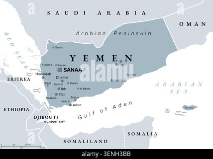 Jemen, politische Karte mit der Hauptstadt Sanaa. Land in Westasien und im Nahen Osten auf der Arabischen Halbinsel. Stockfoto