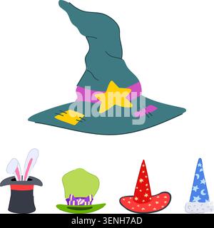 Verschiedene skurrile Hutkollektion mit Hexen-, Zauberer-, Zauberer- und Magierhut mit Hasenohren, Narren und spitzen Hüten für Fantasy, Party, Kostüm und h Stock Vektor