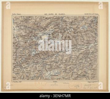 Die Glarner Alpen werden in einer Karte der Guides Joanne-Serie vorgestellt, die das Alpenmassiv und seine bergige Geographie als regionale Referenz für Reisende und geographische Studien identifiziert. Stockfoto