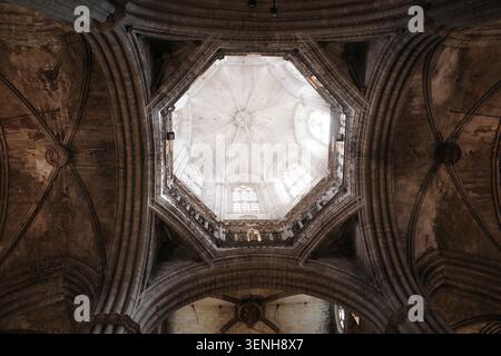 Eine symmetrische Aufnahme mit niedrigem Winkel zeigt das komplizierte gotische Mauerwerk und das ätherische Licht der Kuppel der Kathedrale von Barcelona Stockfoto