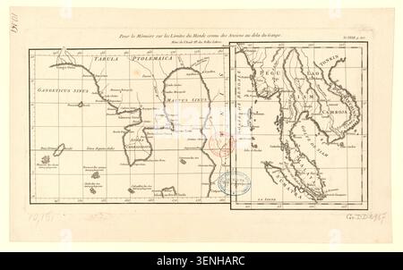 Anville, Jean-Baptiste d', gravierte eine Karte für eine Memoire aus dem Jahr 1700, die die Grenzen der bekannten Welt jenseits des Ganges nach alten Quellen veranschaulicht, wobei der Schwerpunkt auf der indochinesischen Halbinsel liegt. Stockfoto
