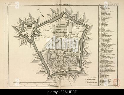 Der Plan von Modena aus dem Jahr 1768 stellt die städtische Anordnung der italienischen Stadt dar, einschließlich Straßen, Befestigungsanlagen und umliegenden Bezirken, die als geografische und administrative Referenz genutzt werden. Stockfoto