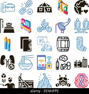 Symbole, die abstrakte Konzepte wie Business, globale Gesundheit, Konnektivität, Erfolg und verschiedene Lifestyle-Elemente repräsentieren und so einen umfassenden Concept schaffen Stock Vektor
