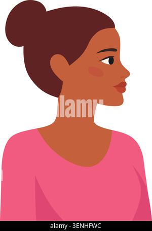 Flaches Vektorprofil Porträt einer braunen dunklen Haut Frau mit Brötchen Frisur isoliert auf transparentem Hintergrund. Stilvolle moderne weibliche Avatarillustration Stock Vektor