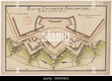 Lövendal erstellte eine Manuskriptkarte des Angriffs auf Bergen op Zoom im Jahr 1747, in der die Angriffs- und Militärpositionen im Zusammenhang mit den Operationen gegen die befestigte Stadt aufgezeichnet wurden. Stockfoto