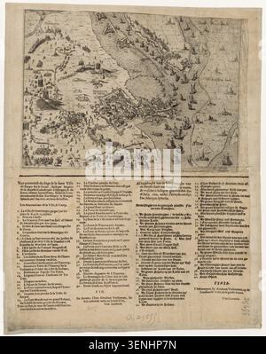 Eine gravierte Karte dokumentiert die Belagerung von Bergen op Zoom im Jahr 1622, wobei die befestigte Stadt und die Militäroperationen im Zusammenhang mit dem Feldzug um die Festung dargestellt wurden. Stockfoto