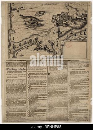 Eine gravierte Karte dokumentiert die Belagerung von Bergen op Zoom im Jahr 1622, wobei die befestigte Siedlung und die militärischen Operationen während des Feldzugs um die Stadt identifiziert wurden. Stockfoto
