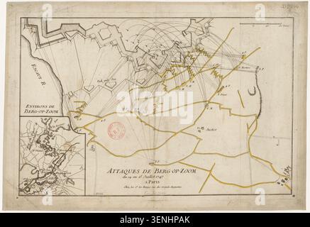Die Karte zeigt die Angriffe auf Bergen op Zoom vom 14. Bis 15. Juli 1747 und zeigt die militärischen Operationen, Befestigungen und Belagerungsstrategien in den Niederlanden während des Österreichischen Erbfolgekrieges. Stockfoto