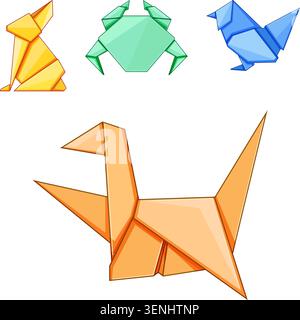Niedliche gefaltete Papiertiere haben verschiedene Farben und geometrische Formen, eine einfache Kunstform, die Kreativität, Handwerk und verspieltes Design für Taucher repräsentiert Stock Vektor