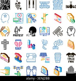 Eine Reihe von bunten und umrissenen Symbolen, die eine breite Palette von Themen illustrieren, von Technologie und Gesundheit bis hin zu Hobbys, sozialen Themen und Alltagsgegenständen, alles Stock Vektor