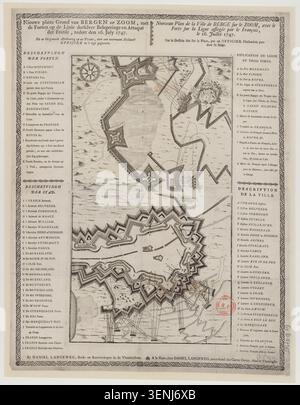 Die Karte zeigt Bergen sur le Zoom und die Festung an der Linie, die am 16. Juli 1747 von französischen Truppen belagert wurde, und zeigt die Befestigungen, die Stadtverteidigung und die militärischen Operationen während der Belagerung. Stockfoto