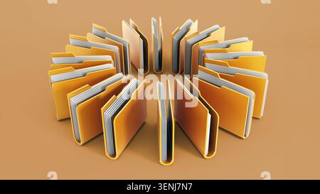 Ordner und Dateien in kreisförmiger Anordnung. 3D-Abbildung. Stockfoto