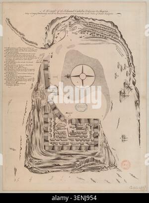 Diese Manuskriptkarte aus dem Jahr 1700 zeichnet die Insel Kolaba und die umliegenden Küstengebiete von Bombay bis Choul und North Dunde Rajapore auf, einschließlich Festungsanlagen, Panoramablick und Segelrouten für die Navigation entlang der Malabar-Küste. Stockfoto