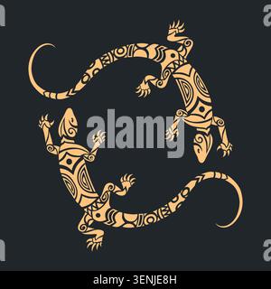 Stilisierte Yin Yang-Komposition mit zwei Stammesechsen, illustriert in heiligen polynesischen und Maori-inspirierten ornamentalen Mustern. Symmetrischer Kreis DE Stock Vektor
