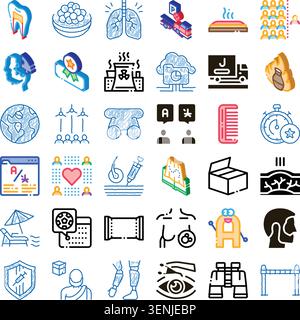 Sammlung von isometrischen Kritzeleien und Umrisssymbolen, die verschiedene Konzepte aus Zahnpflege, Gesundheit, Logistik, Kernenergie, Übersetzung, trave Stock Vektor