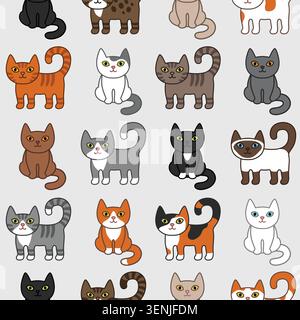 Cute Cartoon Cats Collection mit nahtlosem Muster verschiedene Feline-Charaktere, einzigartiges Design und Farbschema. Die Sammlung umfasst Schwarz, weiß, Grau oder Stock Vektor