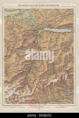 Diese Karte aus dem Jahr 1910 zeigt den Kanton Glarus zusammen mit angrenzenden Grenzregionen. Das kartographische Werk bietet einen regionalen Überblick über den Schweizer Kanton und seine Nachbargebiete im frühen 20. Jahrhundert. Stockfoto