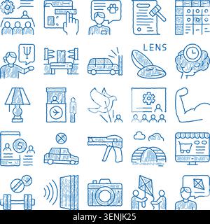 Handgezeichnetes blaues Doodle-Symbol-Set, das Geschäftstreffen, digitale Navigation, Tierpflege, Justiz, Zeitmanagement, Ruhe, Kraft, Einkaufen und vieles mehr Stock Vektor