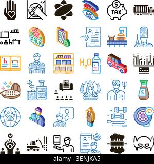 Sammlung verschiedener Umrisse und isometrischer Symbole, die verschiedene Konzepte darstellen, einschließlich Gesundheit, Wirtschaft, Wissenschaft, Bildung, Service, Industrie, A Stock Vektor