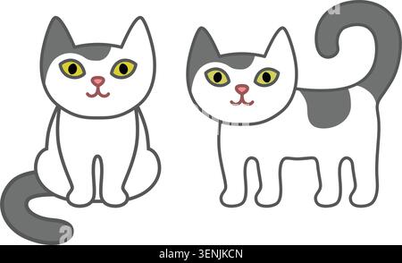 Niedliche weiße und graue Katzen setzen Illustration in schlichtem Cartoon-Stil mit klaren Linien und minimalem Design. Freundliche Haustierfigur mit grauen Flecken, weich Stock Vektor