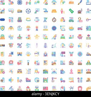 Eine Reihe von farbenfrohen Symbolen, die verschiedene moderne abstrakte Konzepte illustrieren, einschließlich Business, Technologie, Medizin, Reisen, Bildung und Lebensstil Stock Vektor