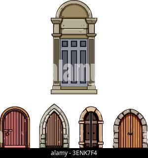 Sammlung von antiken und mittelalterlichen Türen und Portalen in verschiedenen architektonischen Stilen Holz- und Steinbögen, rustikalen und verzierten Eingängen, ideal für Hist Stock Vektor