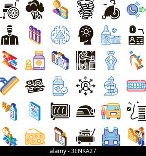 Verschiedene Glyphen- und Isometrien für Gesundheit, Medizin, Sicherheit, Finanzen und alltägliche Lebensräume, Pflege, Behandlung, Schutz, Transport, foo Stock Vektor
