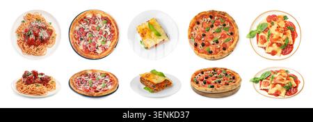 Sammlung von Pizzen und Nudelgerichten in weiß, von oben und von der Seite. Italienische Küche Stockfoto