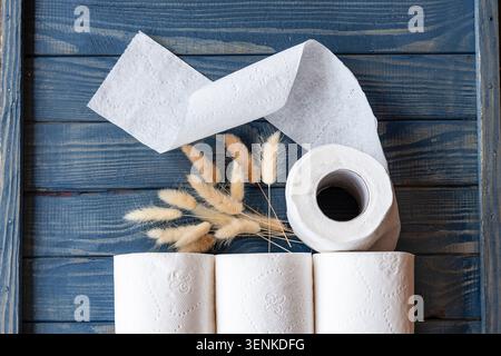 Toilettenpapierrollen Mit Getrocknetem Gras Auf Blauem Hölzernem Hintergrund Stockfoto