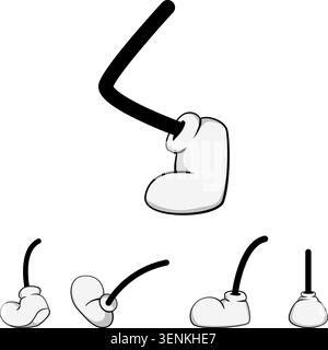 Beine und Füße der Zeichentrickfigur in verschiedenen Posen, mit einem klassischen Animationsstil mit weißen Handschuhen, die die Bewegung veranschaulichen, perfekt zum vermitteln eines Stock Vektor