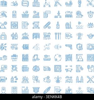 Set aus zahlreichen blauen, handgezeichneten Symbolen mit Doodle-Linien, die Unternehmen, Industrie, Technologie, Finanzen, Reisen, Essen, Gesundheit und soziale Konzepte dagegen Stock Vektor