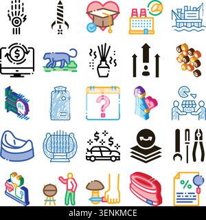 Sammlung von konzeptionellen Isometrien und Umrisssymbolen, die verschiedene Themen illustrieren, darunter künstliche Intelligenz, Finanzen, Bildung, Technologie und Stock Vektor
